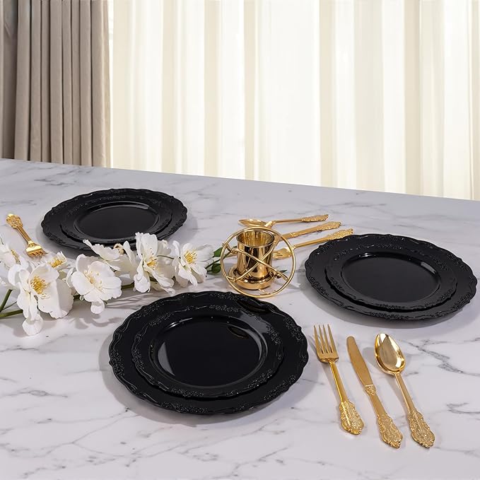 DaYammi 60PCS Black Plastic Plates, Heavy Duty Black Disposable Plates Premium 10inch Dinner Platos Hard Plastic Platos Disposable for Party and Wedding Bridal Shower