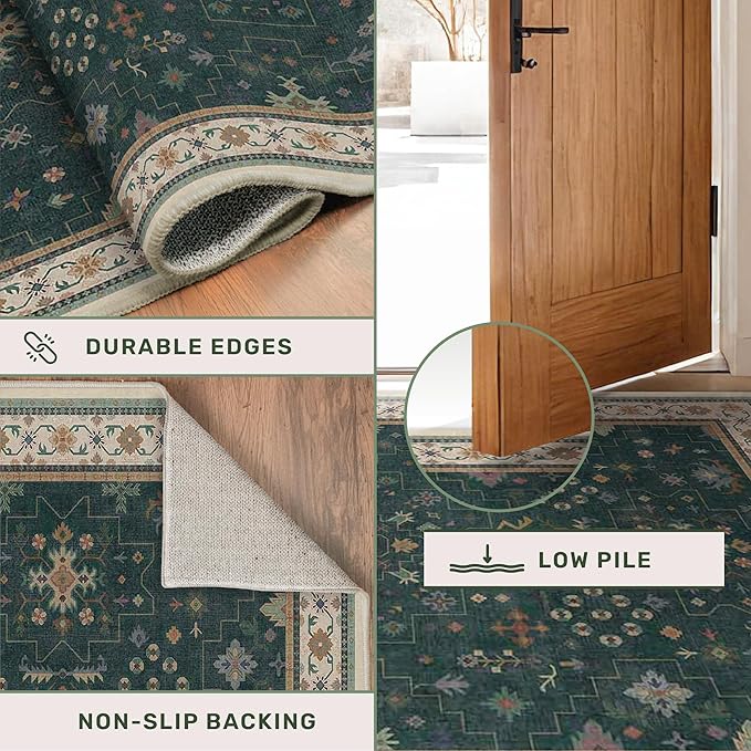 Dark Green Oushak Living Room Rug 10x12 - Modern Vintage Boho Eclectic Floral Pastel, Washable Low Pile Non-Slip Extra Large Area Rugs for Dining Under Table Bedroom Lounge