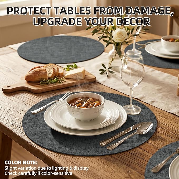 15 inch Faux Leather Round Placemats Set of 6 Non-Slip Washable Wipeable Table Mats, Heat Resistant Waterproof Oilproof Black Place Mats for Kitchen, Dining, Party, Indoor, Outdoor