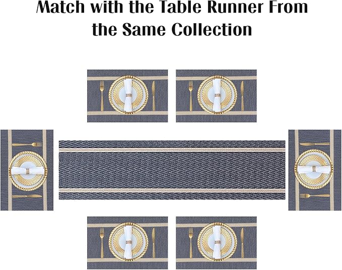 FAVE Placemats Set of 6 Blue Placemats Woven with Golden Thread Durable and Wipeable Vinyl Placemat Heat Resistant Table Mats Set of 6 High Texture Place Mats for Kitchen Table（Blue placemat）