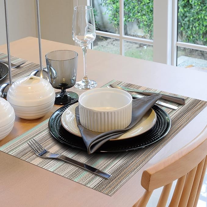 Winknowl Placemats Set of 6, Heat Resistant Non-Slip Vinyl Woven Table Mats for Dining Table, Washable Durable Elegant Place Mats for Kitchen Indoor/Outdoor Use (Teal Green)