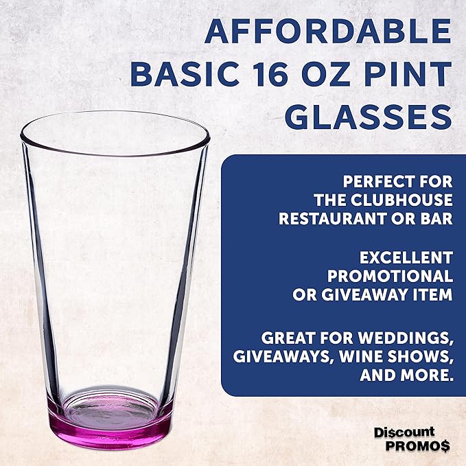 DISCOUNT PROMOS Beer Pint Glasses 16 oz. Set of 10, Bulk Pack - Heavy Duty Glassware for Restaurant, Thick Base and Walls, Stackable - Pink