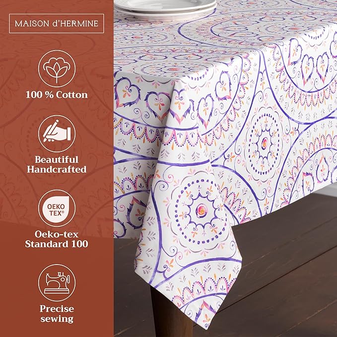 Maison d' Hermine Table Cloth Rectangle Table 100% Cotton 60 x 108 Inches Tablecloth Reusable Decorative for Dining Room Farmhouse Home Valentines Day Decorations Spring Summer - Mandala