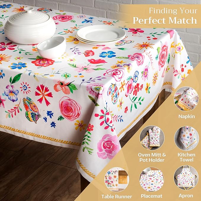 Maison d' Hermine Table Cloth Rectangle Table 100% Cotton 60 x 90 Inches Tablecloth Reusable Decorative for Dining Room Farmhouse Home Valentines Day Decorations Spring Summer - Happy Florals - Sweety