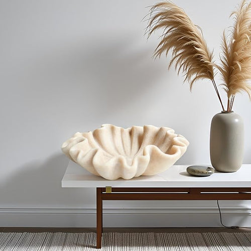 12" Large Decorative Bowl decor - Beige Scalloped Decorative Bowls for Home Decor - Organic Fluted Modern Home Decor,Ruffle Decor key bowl,bowl for keys,Artificial Stone Beige