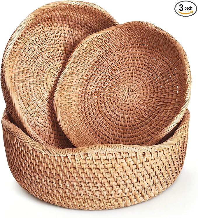 Artisanal Rattan Bread Baskets for Serving, Hand Woven Decorative Bowl, Natural Wicker Fruit Basket for Kitchen Counter, Bread Basket for Serving, Fruits, Snacks, Nuts, Keys, Wallets, Etc.(Wave-Combo)