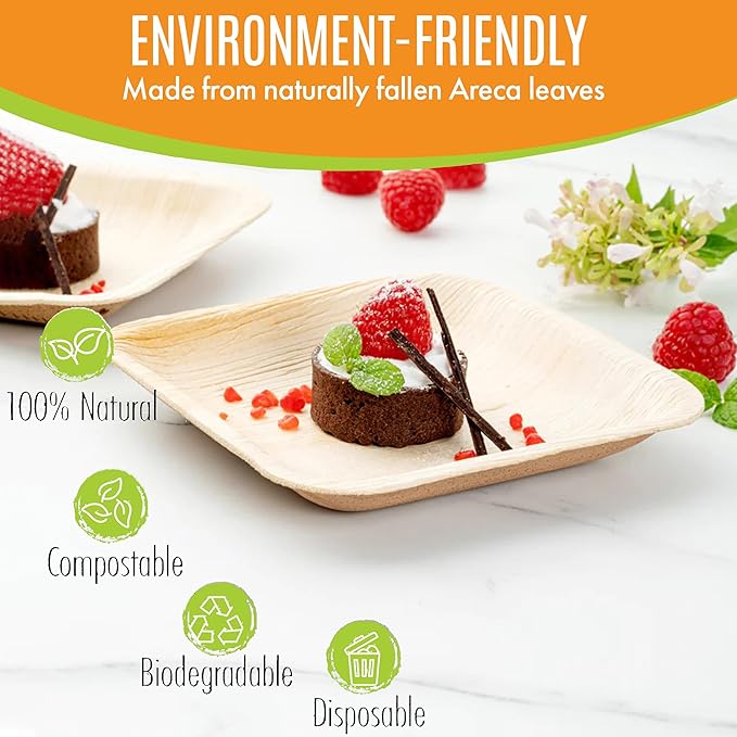 Raj Palm Leaf Plates [100-Pack] 6" Square Plates like Bamboo plates Disposable, Strong, Decorative Compostable Tableware for wedding, Lunch, Dinner, Birthday, Camping, Outdoor BBQ, Picnic