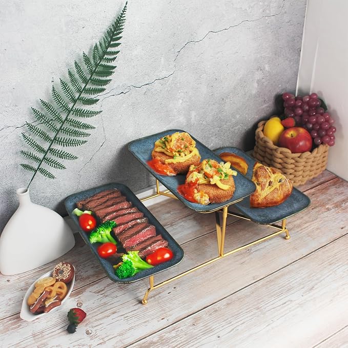 3 Tier Serving Trays for Party, 12.4 Inch Porcelain Serving Platters and Tiered Trays, Foldable Sturdy Gold Stand, for Food Display, Fruit, Cake Dessert, Decoration Entertaining, Blue