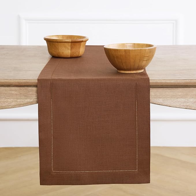 Solino Home Linen Brown Table Runner 36 Inches - Classic Hemstitch, 100% Pure Linen Coffee Table Runner 14 x 36 Inch Ideal for Dresser Tables