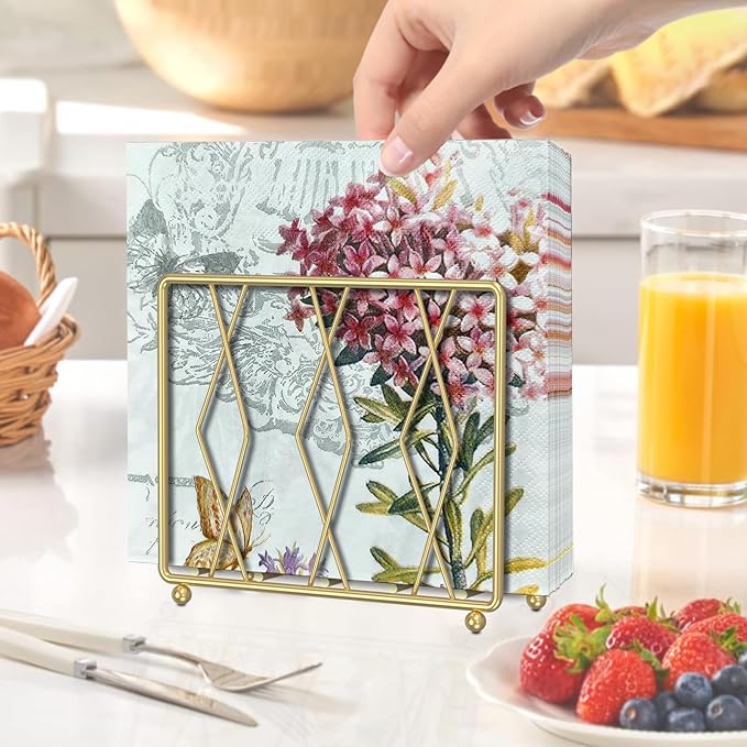 Napkin Holder for Table, Modern Metal Napkin Holders for Paper Napkins & Kitchen Dining & Countertops, Cocktail Upright Napkin Holder Dispenser Suitable for All Room Decors (Small, Gold)
