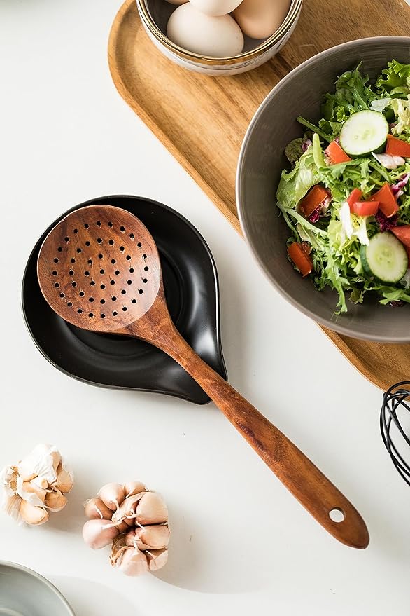 LAUCHUH Spoon Rest for Stove Top, 5 inch Cooking Spoon Holder for Kitchen Countertop Ceramic Ladle Holder for Spatula, Spoons or Tong, Heat-Resistant, Farmhouse Kitchen Decor, Black