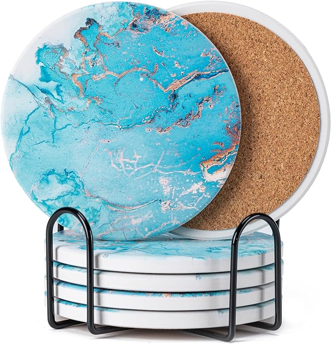 Hoewina 6Pcs Drink Coasters with Holder, Marble Style Ceramic Drink Coaster, Absorbent Coasters Set Suitable for Kinds of Cups, Modern Style Coasters for Coffee Table, 4 Inches（Ocean Style）