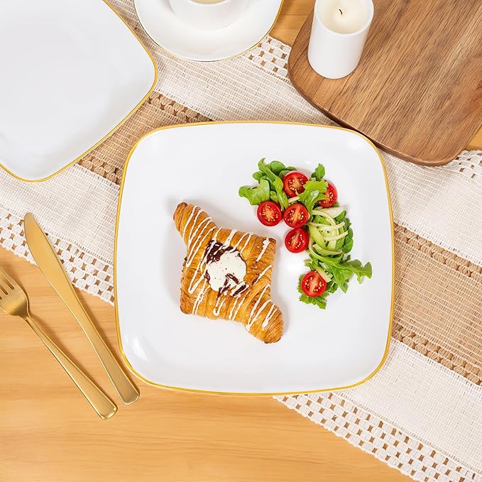 bUCLA 50PCS White and Gold Plastic Plates Disposable - Square Gold Heavy Duty - Include 25 Each (Dinner & Dessert) Plates for Party & Wedding