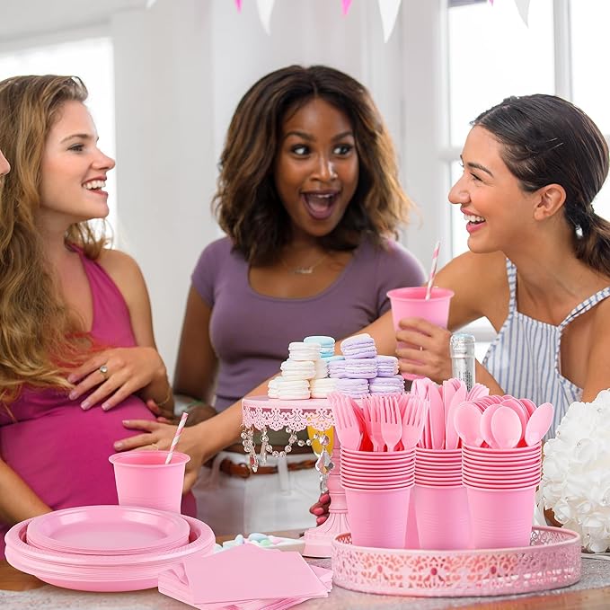 Kochorie 240 Pieces Pink Plastic Dinnerware Set Disposable Heavy Duty Plates Napkins Cups and Silverware Dessert Dinner Plates for Birthday Wedding Baby Shower Party Supplies, Serves 30 Guests