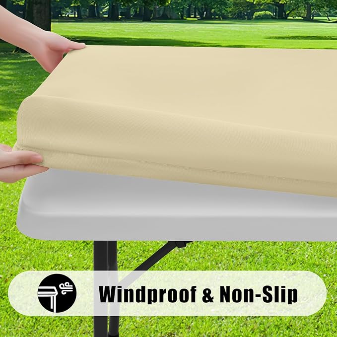 Smiry Rectangle Picnic Table Cloth, Waterproof Elastic Fitted Tablecloths for 8 Foot Tables, Washable Polyester Table Cover for Camping, Indoor and Outdoor (Champagne, 30"x96")