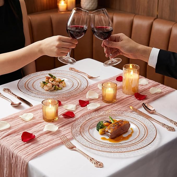 102PCS Rose Gold Plastic Plates - Clear Rose Gold Disposable Plates Include 51PCS 7.5inch Dessert Plate 51PCS 10.25inch Dinner Plate Perfect for Weddings Valentine's Day Parties
