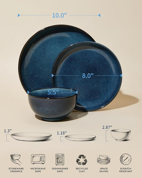 24 Piece Dinnerware Sets for 8, Modern Stoneware Plates and Bowls Setst, Perfect for Family Gatherings & Holiday Celebrations, Easy Cleaning Dishes Set, Stack Compactly Dishware, Starry Blue
