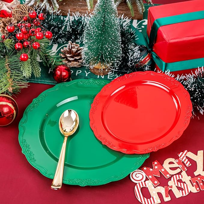 U-QE 100Pcs Christmas Plastic Plates - Green and Red Plate Disposable for Party, Plastic Christmas Plates Disposable Include 50 Red Dessert Plate, 50 Green Dinner Plate Suite for Party