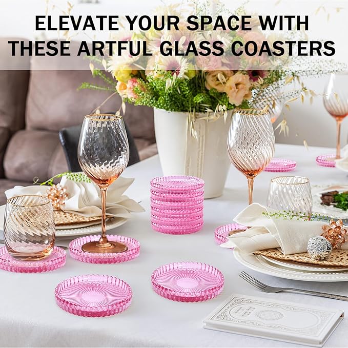 Vintage Glass Coasters, GOH DODD Set of 8 Crystal Coasters Tabletop Protection for Drinks, Home Decor, Kitchen, Living Room, Patio, Wedding, Party, Housewarming Gifts, Clear Pink