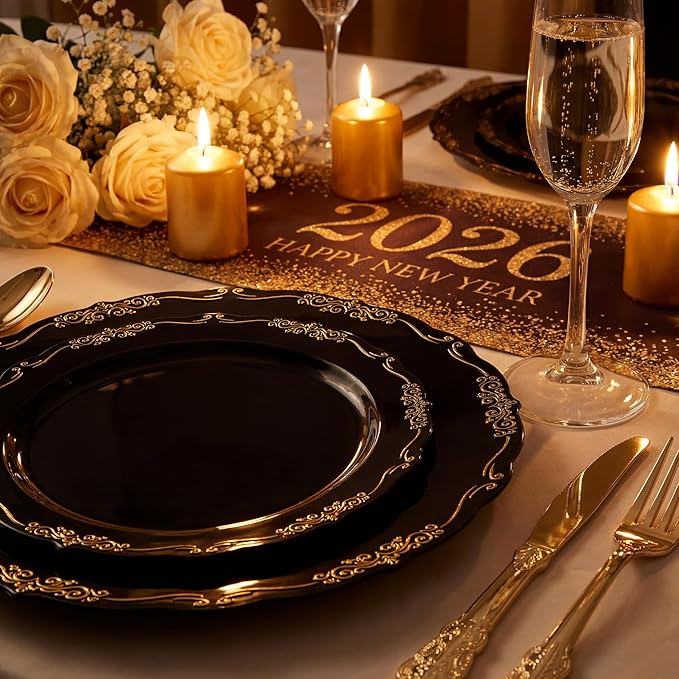 U-QE 100PCS Black and Gold Plastic Plates - Heavy Duty Black Disposable Plates Including 50PCS 10'' Dinner Plates & 50PCS 7.5'' Dessert Plates - Hard Plastic Plates for Party