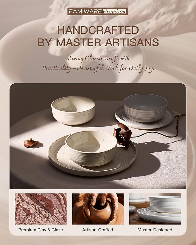 Plates and Bowls Sets for 6 (18-Piece) Stoneware Reactive Glaze Dinnerware with Speckles & Spirals, Chip and Scratch Resistant Flared Dishes Set with Gift Box, Microwave Dishwasher Safe, White