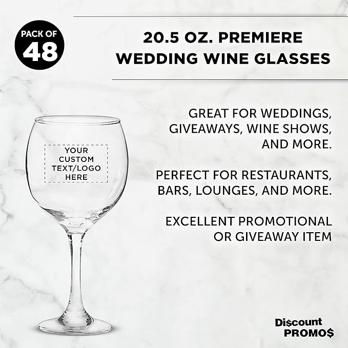 Custom Premiere Wedding Wine Glasses 20.5 oz Set of 48, Personalized Bulk Pack - Restaurant Glassware, Perfect for Red Wine or White Wine - Clear