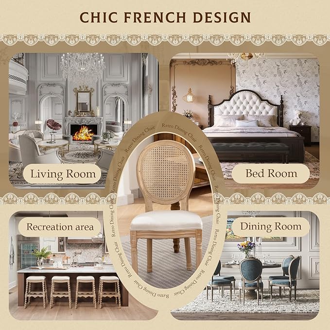 SoarFlash French Dining Chairs Set of 6, Vantage Dining Chair with Round Back, Farmhouse Country Rattan Dining Chair for Kitchen,Bedroom,Beige