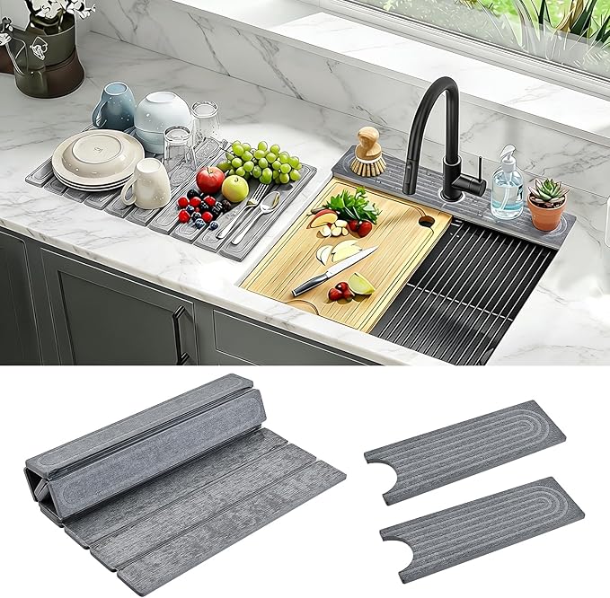 2 Pack Large Stone Dish Drying Mat for Kitchen Counter, Collapsible Quick Drying Dish Mats, Water Absorbing Diatomaceous Earth Drying Pad for Kitchen Countertop Bottles Utensils Cups Bathroom Sink