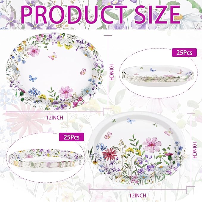 50Pcs Wildflower Oval Paper Plates 10" x 12" Heavy Duty Disposable Watercolor Flowers Butterfly Party Plates Floral Dessert Platters for Wedding Wildflower Baby Shower Birthday Picnic Party Supplies