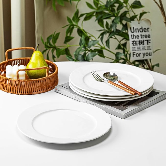 White Ceramic Dinner Plates Set of 6 – 10 Inch Porcelain Plates for Salad, Pasta & Steak, Microwave & Dishwasher Safe Dinnerware