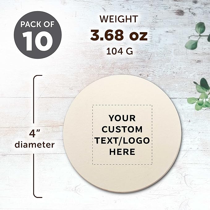 DISCOUNT PROMOS Custom Ceramic Coasters Set of 10, Personalized Bulk Pack - 4 Inches with Cork Bottom Pad, Perfect for Hotel, Bar, Restaurant - Natural