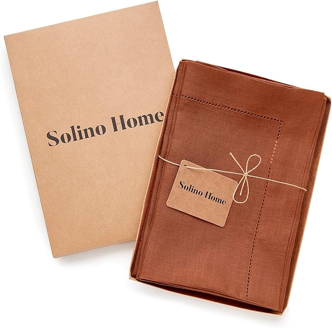 Solino Home Linen Napkins Set of 4 - Classic Hemstitch 100% Pure Linen Cinnamon Dinner Napkins Cloth 20 x 20 Inch for Winter - Handcrafted and Machine Washable