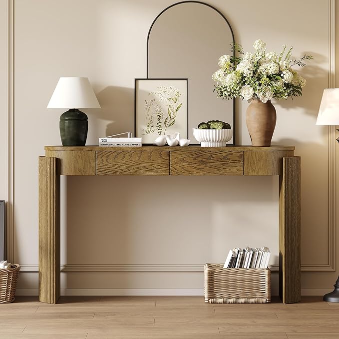 Merax 55" Entryway Table with Oval Top and 2 Drawers, Natural Wood Grain Finish Console Table with Fluted Design for Entryway and Living Room (Pine Wood)