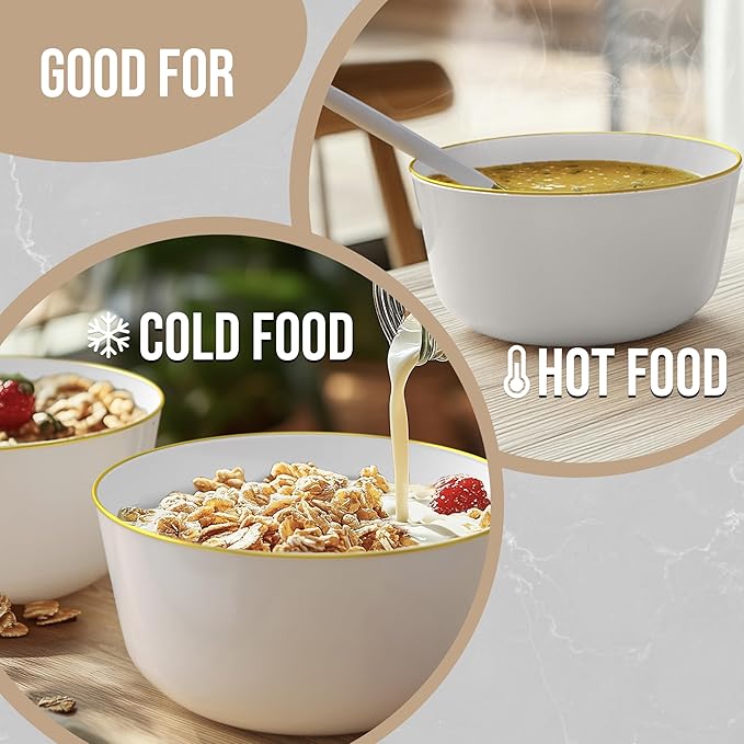 Trendables Plastic Bowls - Disposable 24 Oz Set of 50, White Gold Rimmed Fancy Serving Bowls, Perfect for Ice Cream, Salad, and Candy