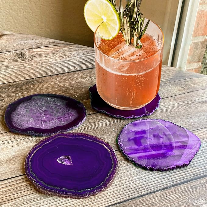 AMOYSTONE 4pcs Purple Agate Stone Coasters Large Cup Mat Natural Agate Slices 4-5 INCH with Rubber Bumpers, Home Decor