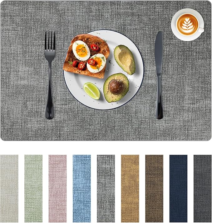 Placemats Set of 6 Faux Leather Heat Resistant Tables Mats Waterproof Oilproof Wipeable Reversible Anti-Slip Place Mats for Kitchen/Dining/Party/Outdoor 11.8" x 16.9", Light Gray