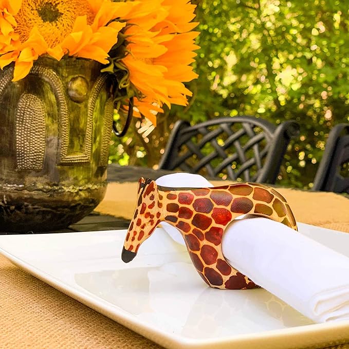 Global Crafts Handcarved Mahogany Wooden Napkin Ring Holders, Giraffe, Set of 6 (KWF012_G)