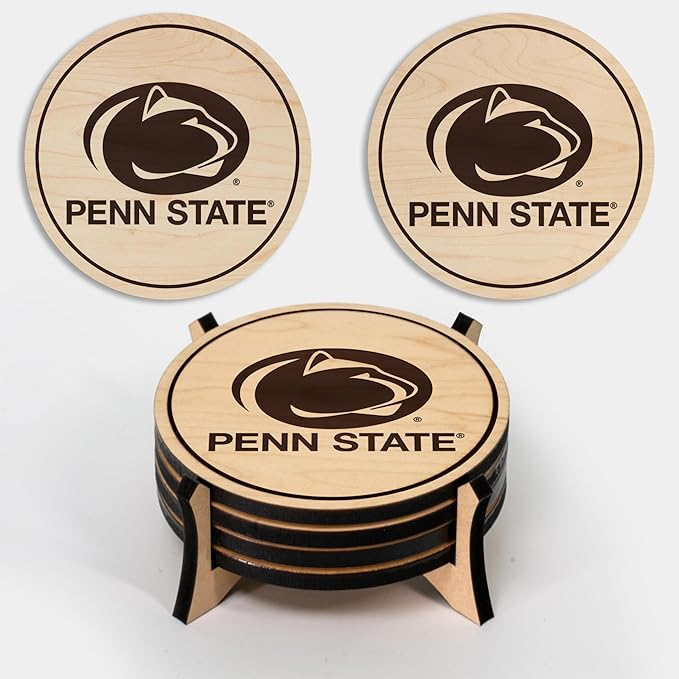 LazerEdge Wooden Coaster Set - 100+ University Designs Hand Crafted from Maple Wood - Officially Licensed Product - 4-Pack (Penn State Nittany Lions)