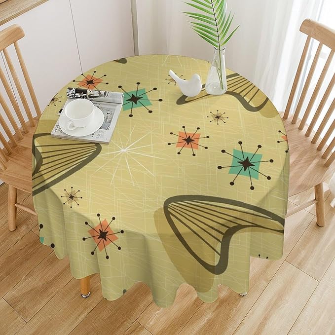 Mid Century Round Tablecloth, Retro Abstract Atomic Boho Geometric Art Printed Tablecloth for Home Party Dining Room Kitchen Decor 60Inch(152cm)