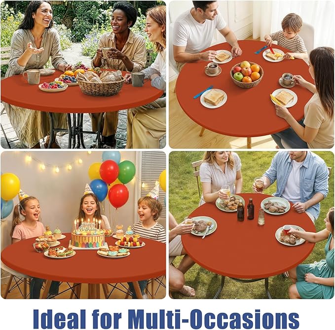 Round Spandex Tablecloth, Elastic Fitted Waterproof Tablecloths for 57"-68" Tables, Stretch Washable Picnic Table Cover for Camping, Dining, Indoor and Outdoor, Rust