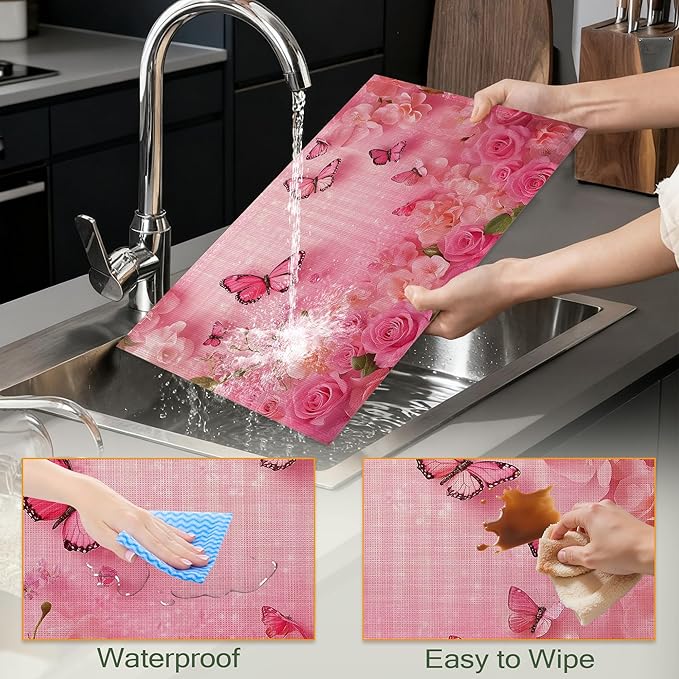 Table Placemats Set of 6,Spring Flowers Cloth Placemats,Pink Butterfly Rose Floral Heat-Resistant Table Mats for Kitchen Dining Room Decoration,Non-Slip Fabric Place Mats 11.8x17.7 Inch