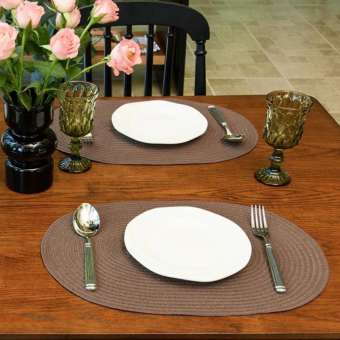 Noctiflorous Oval Braided Placemats Set of 4 Woven 12x18 Inch Non Slip Washable Heat Resistant Place Mats Round Tablemats for Dining Kitchen Party Daily Table Decor Dinner Mats (Solid Brown, 4)