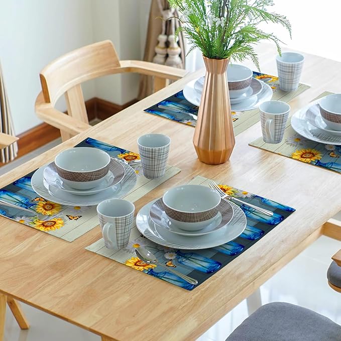 Vintage Floral Placemats Set of 4 - Spring Summer Place Mats 12x18 Sunflower Table Mats Farmhouse Kitchen Mats for Party Dining Table