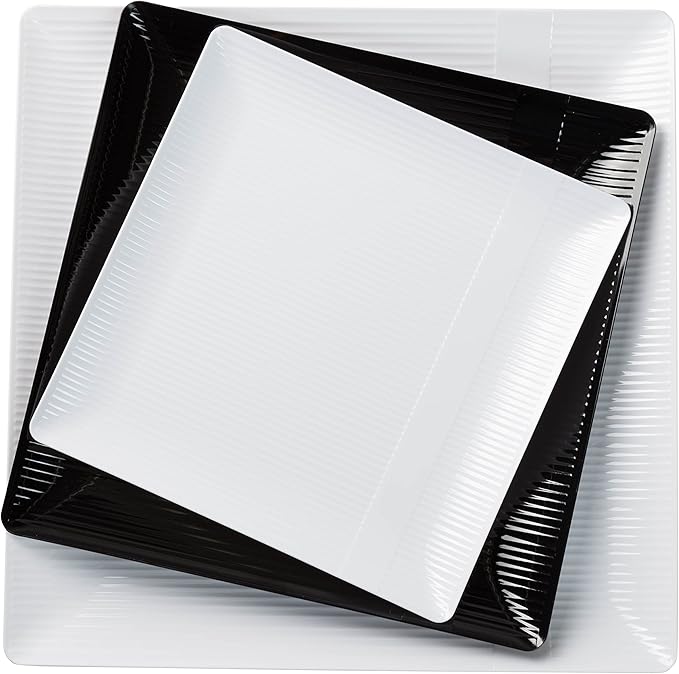 Crown Premium Heavy Duty Plastic Plates - Linear Squared (40 Pack) - Wedding China Like (6.5 Inch., White)