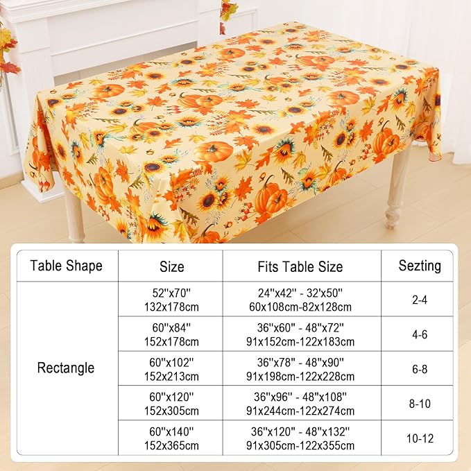 Smiry Fall Rectangle Table Cloth, Waterproof Vinyl Tablecloth with Flannel Backing, Wipeable Autumn Sunflower Plastic Tablecloths for Harvest and Thanksgiving Parties, (60"x120", Gold)