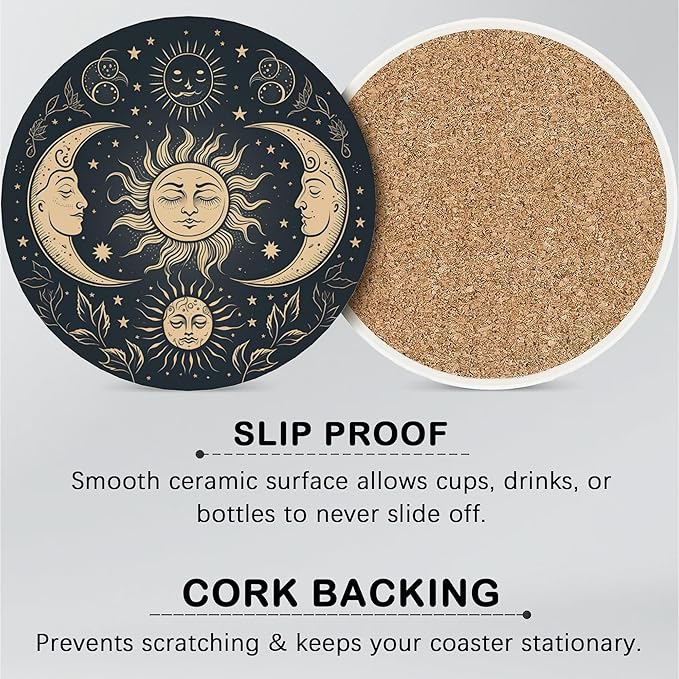 Drink Coasters for Drinks Set of 6,Golden Sun and Moon Absorbent Round Ceramic Stone Mat Coaster,with Cork Base and Metal Holder, Home Bar Decor House Warming Gift