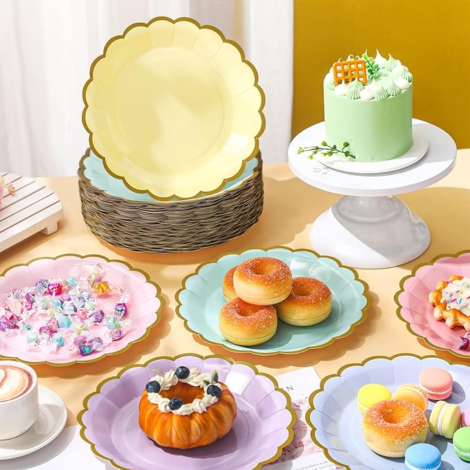 96 Pcs Pastel Paper Plates 9 Inch Gradient Scalloped Paper Disposable Dinner Dessert Plates for Easter Birthday Wedding Bridal Party Supplies, 6 Colors