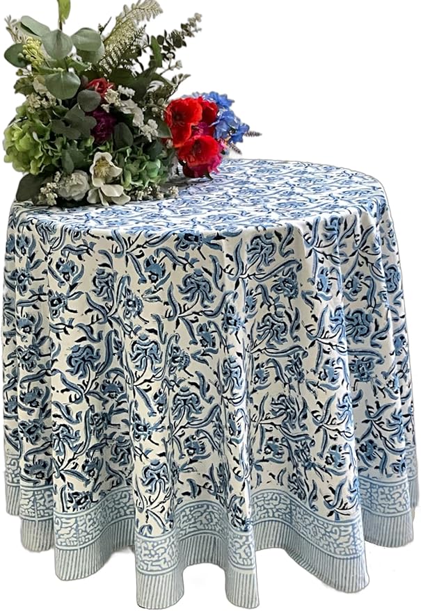 ATOSII Midnight Bloom 100% Cotton Round Tablecloth, Handblock Print Floral Table Cloth for Kitchen Dining Linen I Parties, Weddings, Outdoors, Spring Summer I 90" Inches Round