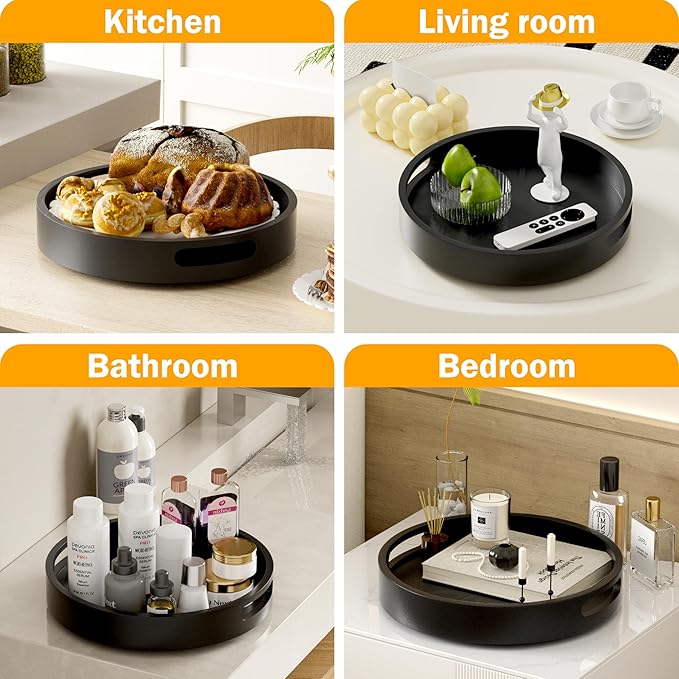 Lazy Susan Organizer Homerays 12 Inch Non-Skid Bamboo Lazy Susan for Kitchen Rotating Spice Rack with Handles, Wood Turntable for Kitchen Cabinet,Countertop (Black, Medium)