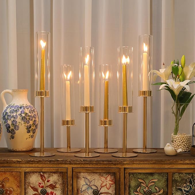 Hurricane Candle Holders Metal Candlestick Holder for Glass Taper Tall Candle Holders with Crystal Chimney Tube Candles Stands for Home Decor, Christmas, Dinning (18, Gold)